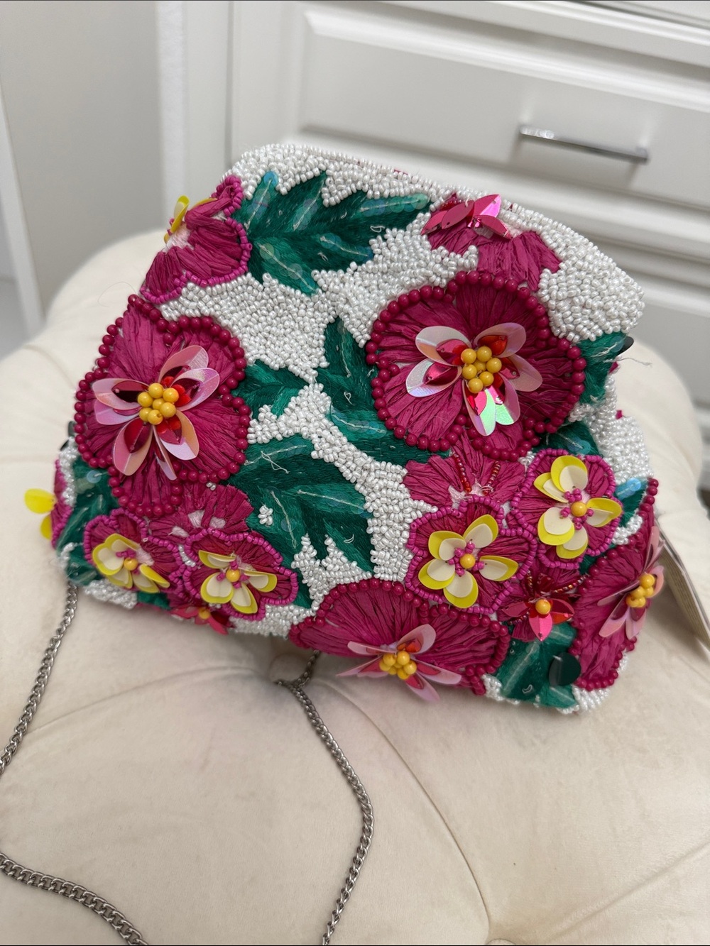 Embellished Floral Beaded Crossbody Bag in White and Fuchsia NWT Handcrafted